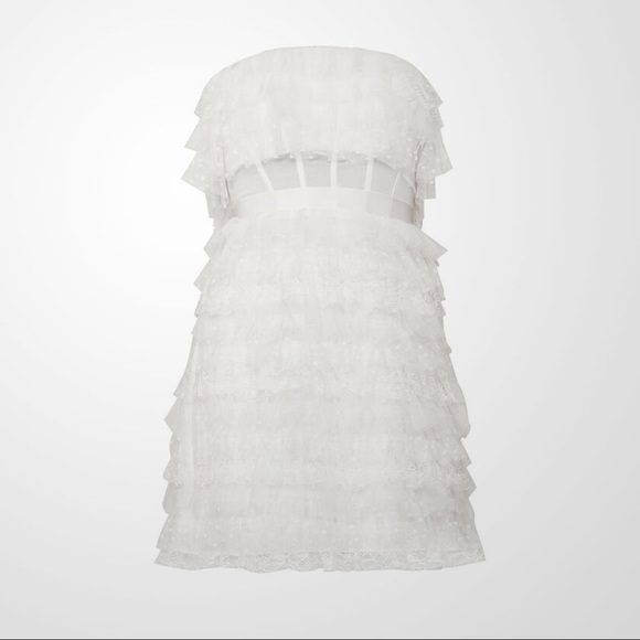 BCBGMAXAZRIA Lace Fringe Strapeless Dress White - Picture 6 of 7